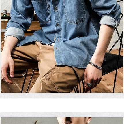 Retro American Style Long Sleeve Denim Workwear Shirt Jacket Men's Fashion Versatile Spring Outerwear Classic Look