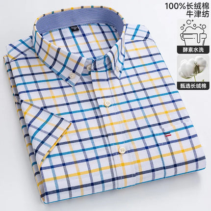 New 100% Cotton Oxford Men's Shirts Short Sleeve Plaid Soft Regular Fit Formal Dress Shirt Social Blouse Male Clothes 6XL 7XL