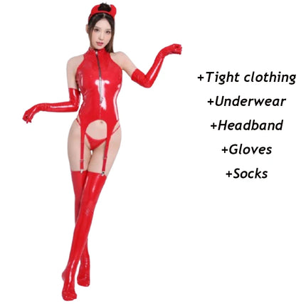 Wet Look Catsuit + G-string + Hair Clasp Sleeveless Shiny PU Leather Lingerie Bodysuit Sexy Erotic Cosplay Clubwear Body Garter