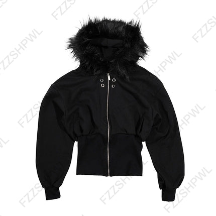 Goth Aesthetic Women Hoodie Harajuku Retro Y2K Emo Girl Fur Collar Cardigan Sweatshirt Rock Punk Hip Hop Casual Loose Streetwear