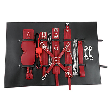 XXOO Erotic Tied Bondage Kits Sex Slave Restraint Set Ankle Cuffs Handcuff Collar Gag Whip Blindfold Genuine Leather Suit