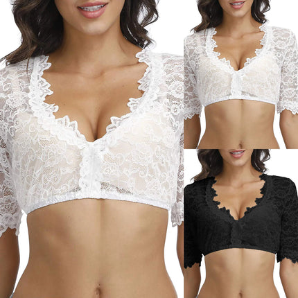 Perspective Lace Bra Women Bottoming Solid Color Cut Out Breathable Short Sleeve Lingeries For Women Sexy Deep V-Neck Tops