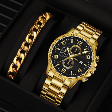 2pcs Men's Watch Bracelet Set Luxury Gold Top Brand Fashion Casual Watch With Calendar Quartz Wristwatches Relogio Masculino
