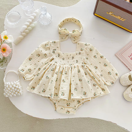 INS style Baby's Autumn Jumpsuit Baby Girl's Princess Hare  Small Floral Dress Western style Sweet with Headband Dress