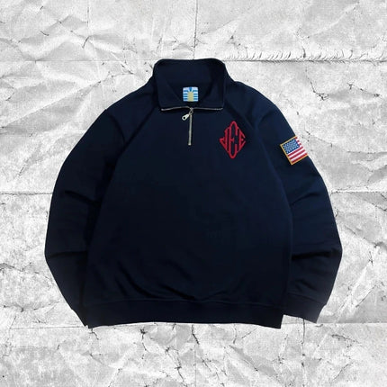 Embroidered Zipper Polo Shirt Black White Retro Original Casual Top Classic Stand Collar Long Sleeve Couple Same Style
