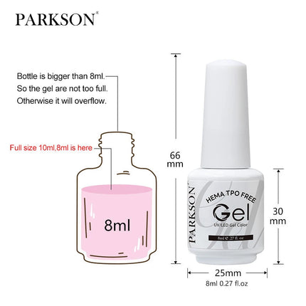 Parkson 8ml HEMA TPO FREE Color Gel Nail Polish Nude Pink Red Green Collection Nail Gel Polish Glitter Soak Off UV LED Gel
