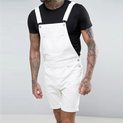 Vintage Men Jeans Denim Rompers White Shorts One-piece Overalls Suspenders Streetwear Men Jumpsuit