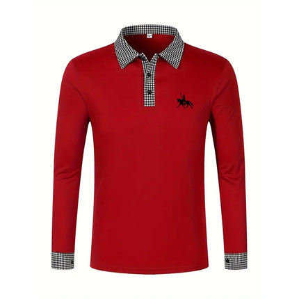 Men's Houndstooth Patchwork Long Sleeve Polo Shirt Classic Casual Business Tops Breathable Lightweight Knitwear for Spring Fall