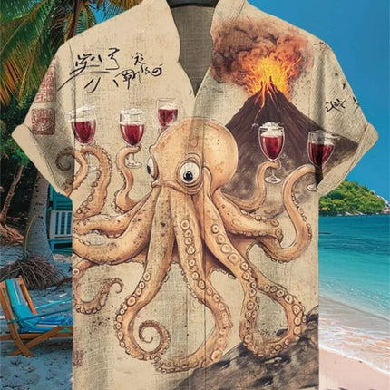Men's Frog Abstract Print Short Sleeve Linen Shirt Stand up Collar Casual Breathable Top Fashionable Summer Cardigan
