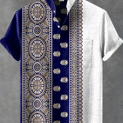 The new men's summer linen short-sleeved shirt features a pattern label. The clothing with artistic patterns, casual shirts.