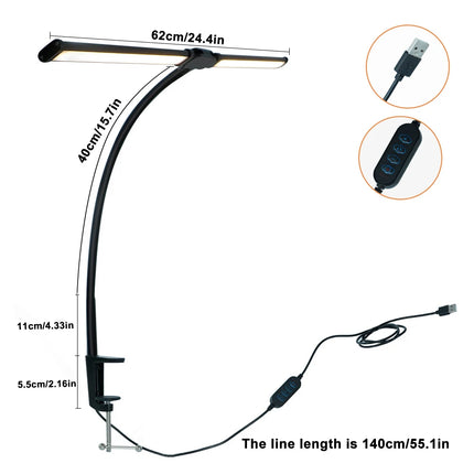 2-Headed LED Desk Lamp for Office Home Eye-Caring Architect Lamp with Clamp USB 3 Color Flexible Adjustable Lighting Table Lamp