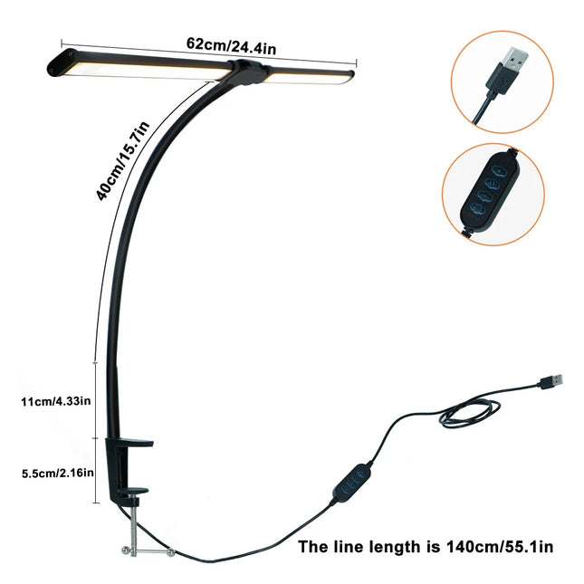 2-Headed LED Desk Lamp for Office Home Eye-Caring Architect Lamp with Clamp USB 3 Color Flexible Adjustable Lighting Table Lamp