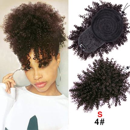 Leeons New Synthetic Afro Kinky Curly Hair Bangs Puff Hair Bun Drawstring Ponytails Clip On Hair Extension Updo Pineapple Fringe