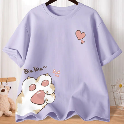 Summer Cartoon Cute Sweet Cat Claw Love Printed Short Sleeve T-shirt Women's Loose Youth Student Half Sleeve Oversized Shirt Top