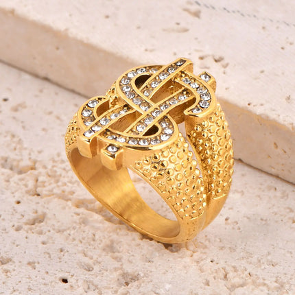 Hip Hop Iced Out Bling Dollar Signs Ring Gold Color Stainless Steel Rapper Money Big Rings For Men Party Jewelry Male Gift 2025