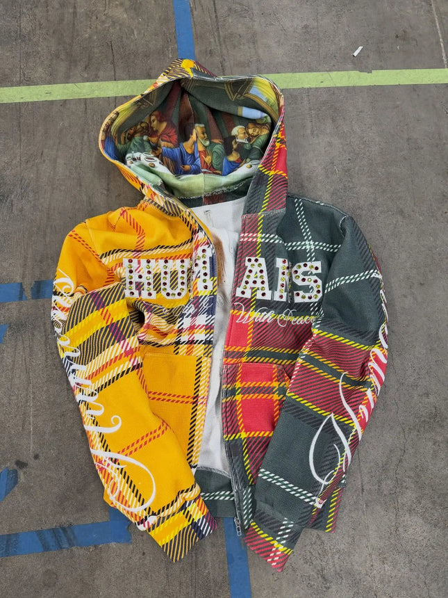 Mens Unisex Patchwork Plaid Zip Up Hoodie Y2K Harajuku Style Rhinestone Letter Art Pattern Hooded Casual Retro Trendy Sweatshirt