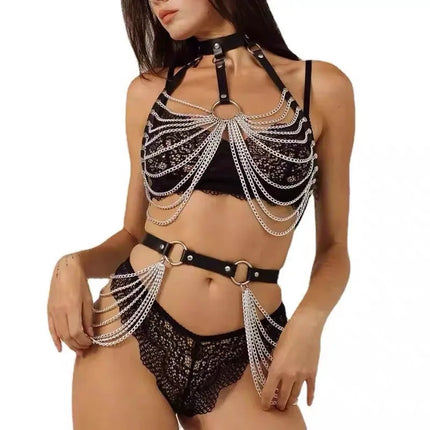 Sexy Women Bondage Lingerie Fashion PU Leather with Chain Harness Belt Abjustable Bdsm Goth Fetival Carnival Costume Decortive