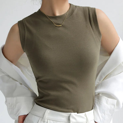 Women's Cotton Round Neck Colorful Basic Sleeveless Undershirt Tops Tees with Coverage for Side Cleavage