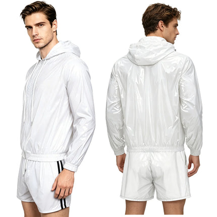 Mens Waterproof Sauna Outfit Glossy Sweat Suit Hooded Tracksuit Hooded Jacket with Jogging Track Pants for Fitness Training