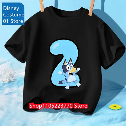 Kids Bluey 2-4 Birthday Number T-Shirt Autumn Winter Cartoon Printed Short Sleeve Tee for Boys Girls