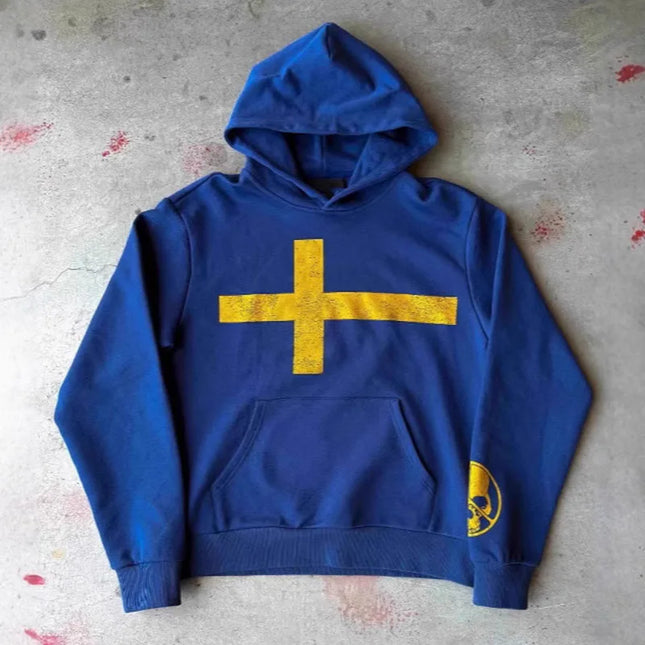 American Gothic Hip Hop Rock Harajuku Long Sleeved Hoodie Vintage Contrast High Street Fashion Skull Cross Printing Casual Coat