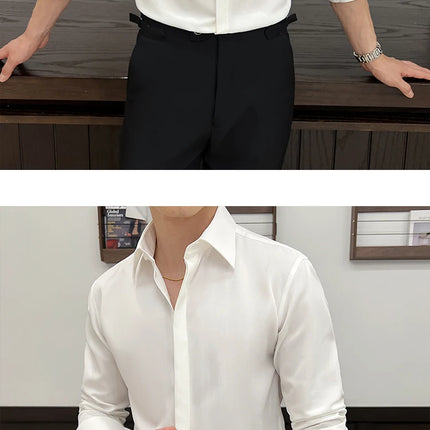 Men's White Long-Sleeve Dress Shirt - Slim Comfortable Fabric. Ideal for Formal Events & Everyday Wear. Classic & Modern Design