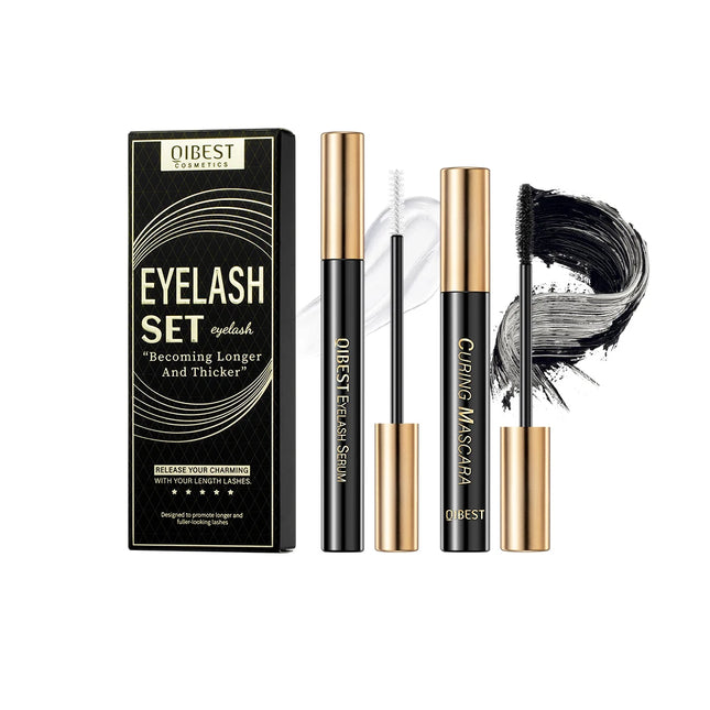QIBEST Eyelash Makeup Set Eyebrow Eyelash Growth Serum Nourishing Enhance And 4D Black Mascara Curling Thick Lengthening Eyelash