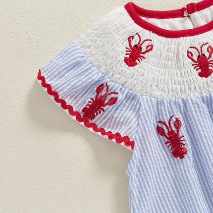 Newborn Baby Girl Crawfish Smocked Bubble Romper Lobster Ruffle Short Sleeve Bodysuit Jumpsuit Summer Outfits