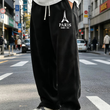 Mens Corduroy Wide Leg Trousers Elastic Drawstring Waist Eiffel Tower Letter Print Loose Straight Casual Street Pants S-4XL