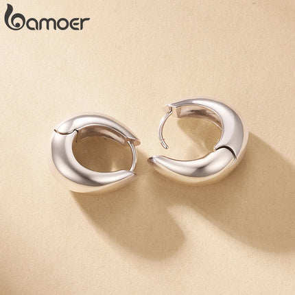 BAMOER White Gold Plated 925 Sterling Silver Post Glossy Hoop Earrings, High Polished Trendy Fashion Jewelry for Women Bijoux