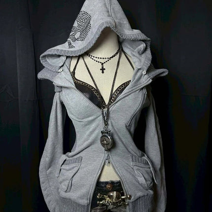 Y2K Gothic retro ladies hooded sweater color matching design Skull pattern hot drilling decoration high street trend 2026 new