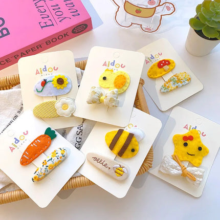 2 Pcs Korean Cartoon Animal Hair Clip Sweet Fabric BB Clip Bow Hair Clip Broken Hair Edge Clip Yellow Tie Girls Hair Accessories