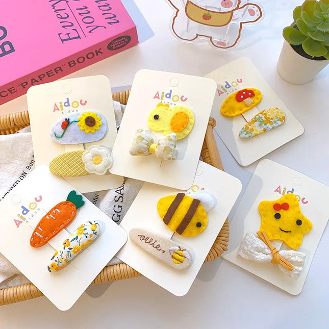 2 Pcs Korean Cartoon Animal Hair Clip Sweet Fabric BB Clip Bow Hair Clip Broken Hair Edge Clip Yellow Tie Girls Hair Accessories
