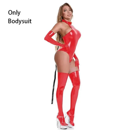 Lady Sexy Faux Leather Latex Catsuits With Belt High Cut Wetlook PU Lingerie Bodysuit Clubwear Costumes Gloves Long Stockings