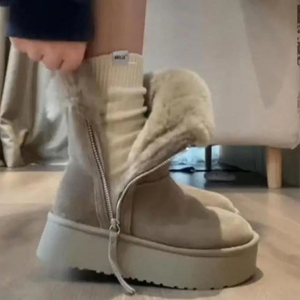 Luxury Winter Women Long Plush Warm Snow Boots Casual Shoes New Suede Fur Chelsea Ankle Boots Flats Platform Ladies Thick Shoes