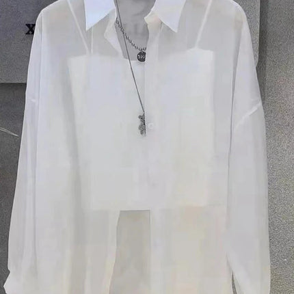 Plus Size Women’s Tops 2025 Summer Breathable and Sun-Proof Ice Silk Button Thin Loose Sheer Chiffon Blouses Shirts Long Sleeve