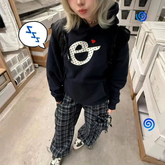 Vintage Fashionable Letter Patch Designs Sweatshirts Autumn Winter Fleece American Hooded Women's Clothing Casual Loose Hoodies