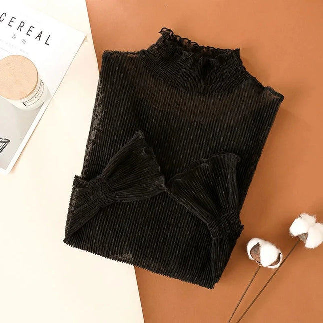 Women's Black Lace Flared Sleeve Slim Fit T-Shirt Long Sleeve round Neck Base Shirt Fashion Kimono Bottoming Top for Mujer
