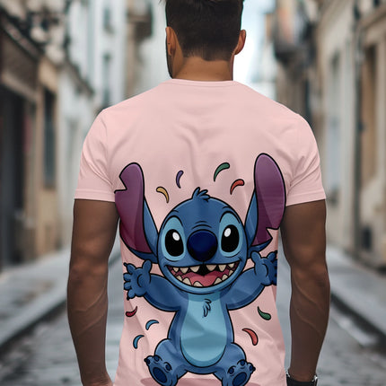 Lovely Smiling Stitch Confetti Design Pink T-Shirt Anime Cartoon Fans Tee