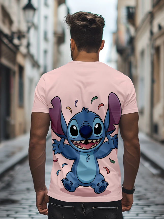 Lovely Smiling Stitch Confetti Design Pink T-Shirt Anime Cartoon Fans Tee