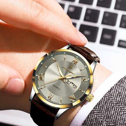 POEDAGAR Original Luxury Men's Wristwatch Leather Date Week Quartz Fashion Men Watch Waterproof Luminous Classic Watches For Men