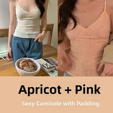 Pure Desire Lace Trim Camisole Tank Top with Chest Pad Summer Slimming Inner Wear Outerwear Beautiful Ba Boting Underwear