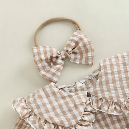 2Pcs Infant Baby Girl Spring Autumn Outfit, Plaid Doll Collar Long Sleeve Ruffle Romper + Hairband Set for Infants, 0-18 Months
