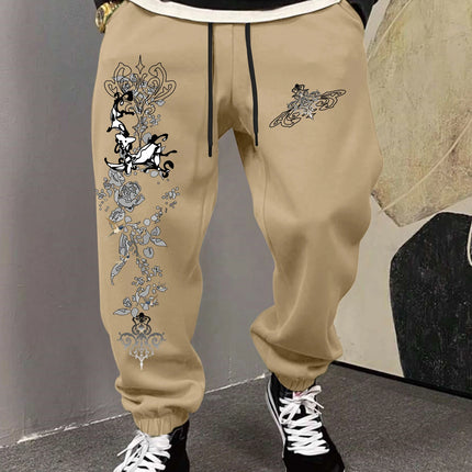 Men's Gothic Vintage Deer Rose Scroll Floral Print Sweatpants Elastic Waist Soft Dark Punk Street Hip Hop Joggers
