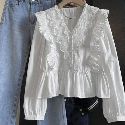 Plus Size Casual Solid Colour Lace Patchwork Ruffled Long Sleeve Top 2025 Autumn New Arrival Everyday Fashion