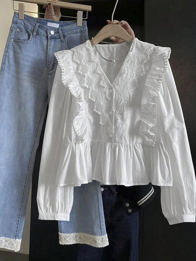 Plus Size Casual Solid Color Lace Patchwork Ruffled Long Sleeve Top 2025 Autumn New Arrival Everyday Fashion