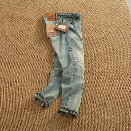 2025 Summer New American Retro Heavyweight Elastic Denim Jeans Men's Simple 93.7% Cotton Washed Old Straight Casual Patch Pants