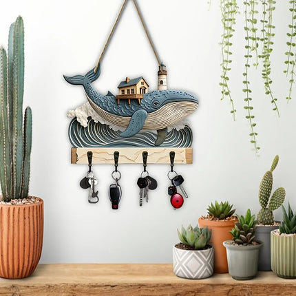 1 Piece 2D Wooden Hanging Decoration with Household Key Hook Whale Pattern Wooden Key Hangers Wall Wall Mount Room Decoration