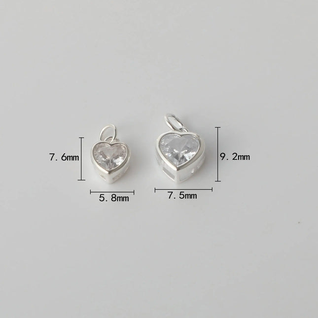 1PC Solid 925 Sterling Silver Zircon Heart Charm Pendant for DIY Bracelet Necklace Making Fine Jewelry Finding