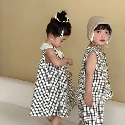 RAISE 2026 Summer Children Outfit Muslin Peter Pan Collar Kids Girls Sleeveless Dress Thin Plaid Tank Top Vest+loose Shorts Suit